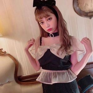 Japanese Swankiss Choker Crystal Ruffle Ribbon Bow Crop Tank Top Blouse